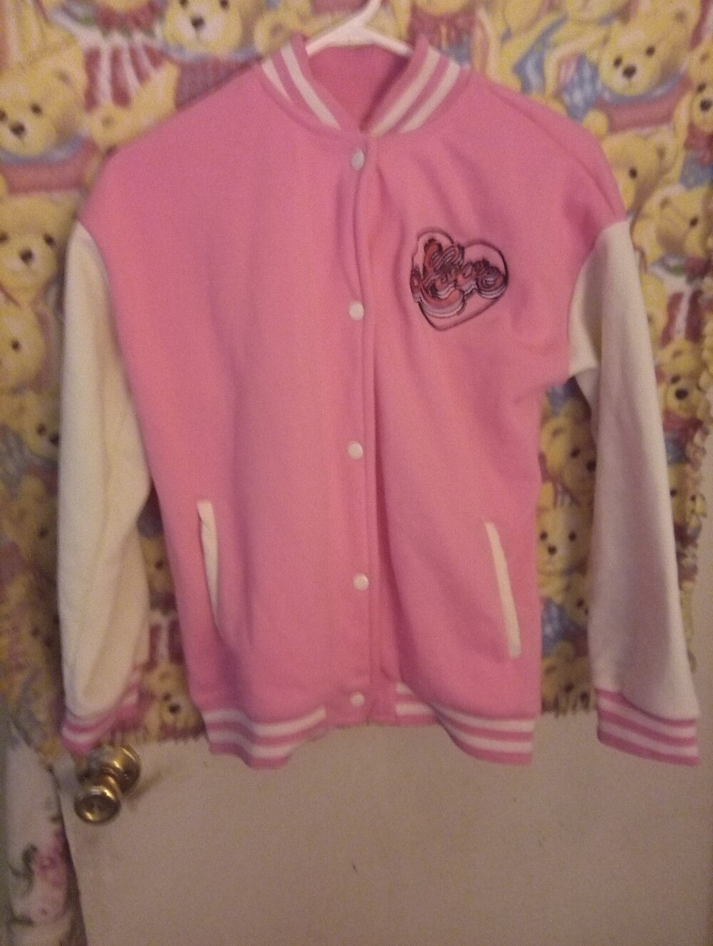 Women's Peachy And Pink Heart Button Up Pink & White Varsity Jacket Size L